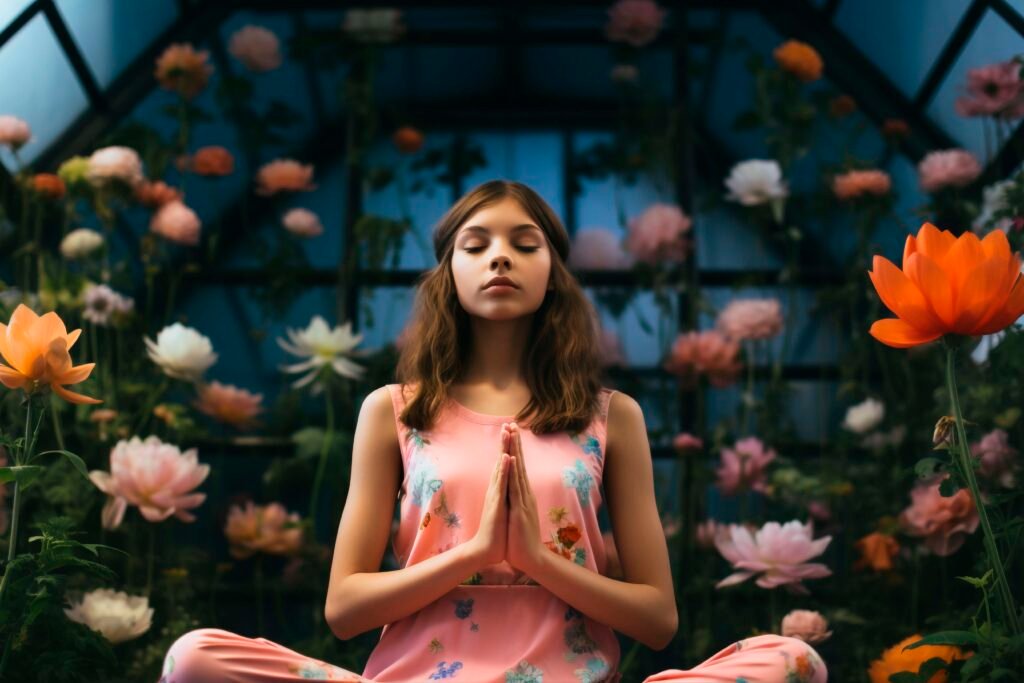 portrait person practicing yoga with floral background