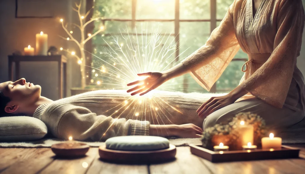 DALL·E 2024 10 01 12.46.15 A serene and peaceful scene depicting the practice of Usui Reiki in real life. A calm and soothing environment with soft lighting a tranquil natural