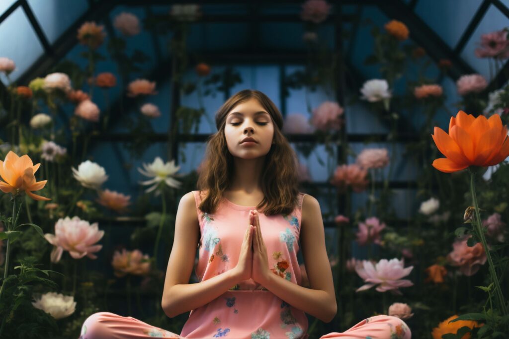 portrait person practicing yoga with floral background