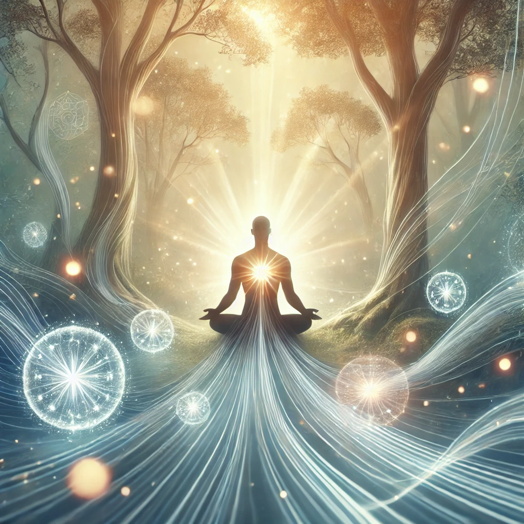 DALL·E 2024 10 01 12.16.45 A serene and peaceful image depicting Usui Reiki. The scene shows a person meditating with soft glowing energy surrounding them symbolizing the flow