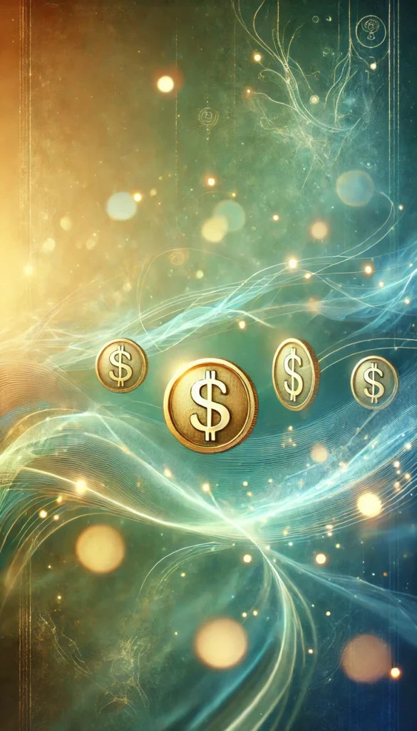 DALL·E 2024 10 04 11.31.46 A serene ethereal image representing Money Reiki with a calming aura. The design includes symbols of wealth like gold coins and glowing energy lines