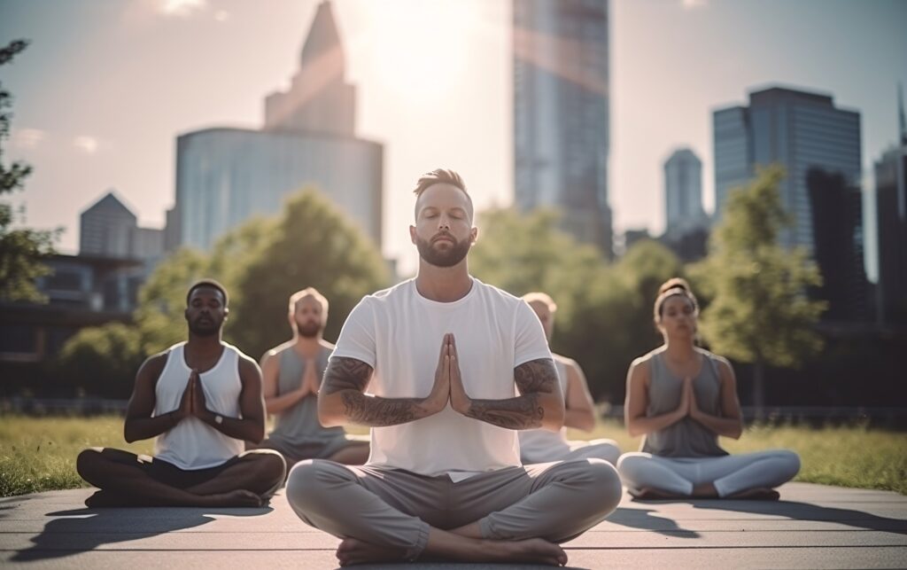 full shot people doing yoga together 1