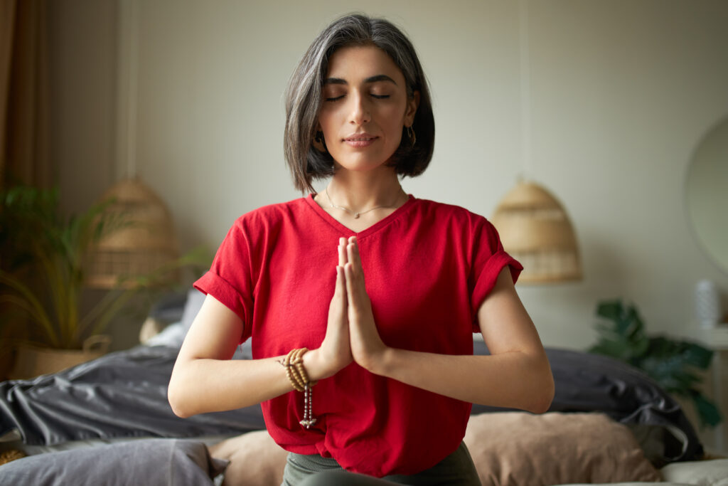 self awareness mindfulness concept young woman having premature graying meditating home with eyes closed