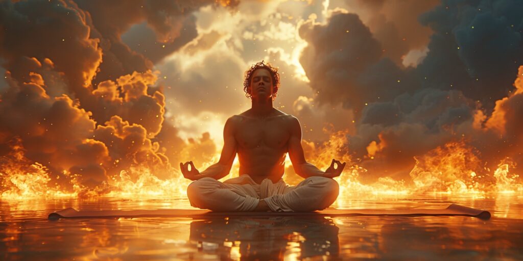 Holy Fire® III Karuna Reiki® 1 man fantasy setting practicing yoga mindful meditation 1 1 1